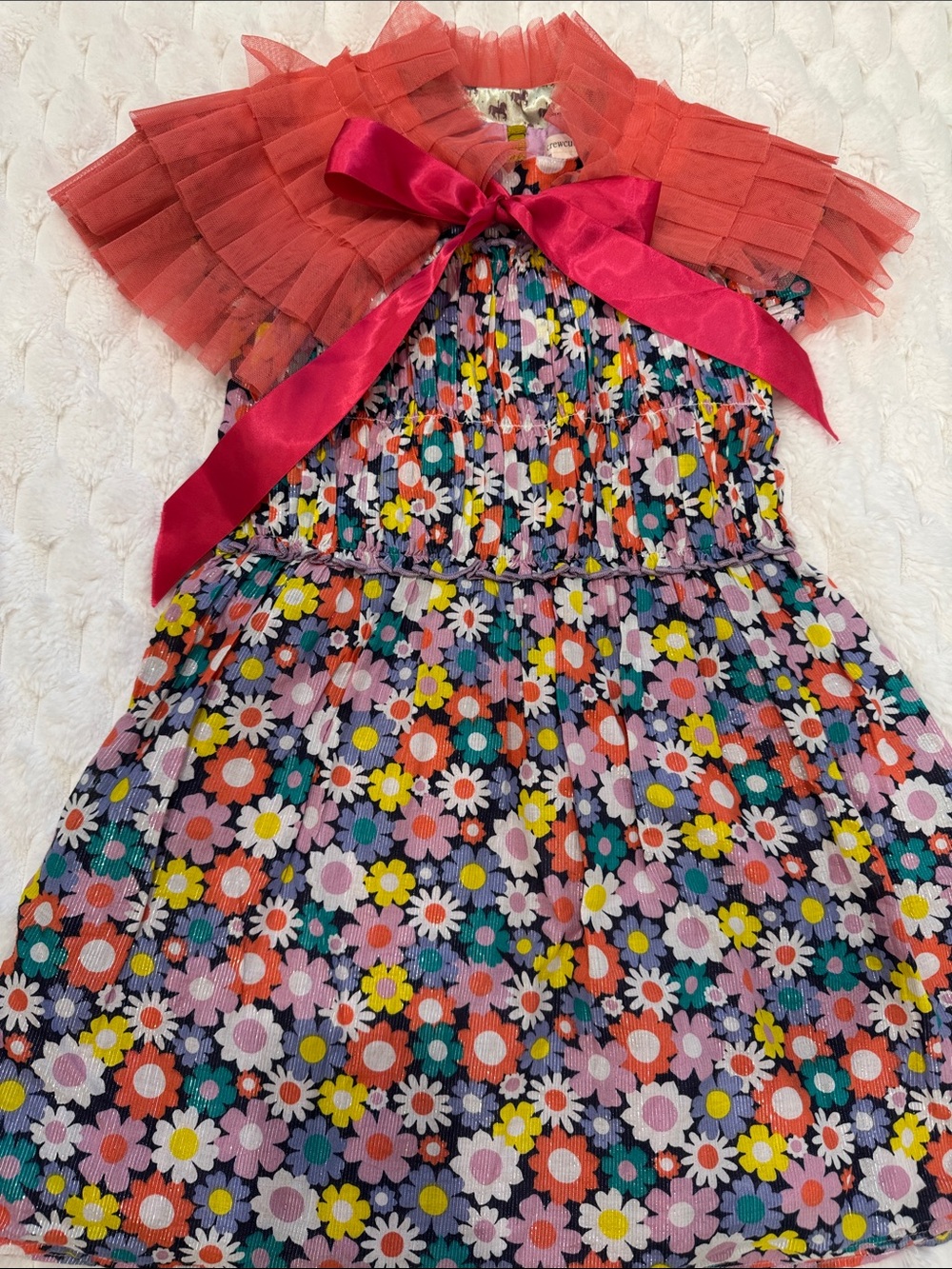 Crewcuts Floral Multicolor Dress with Coral Tulle Capelet and Hot Pink Bow